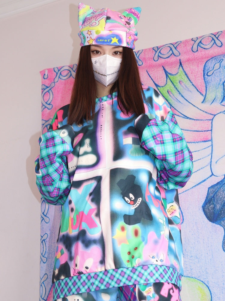 Cartoon Fashion Print Blue/Red Gyaru Plaid Pattern Sweatshirt