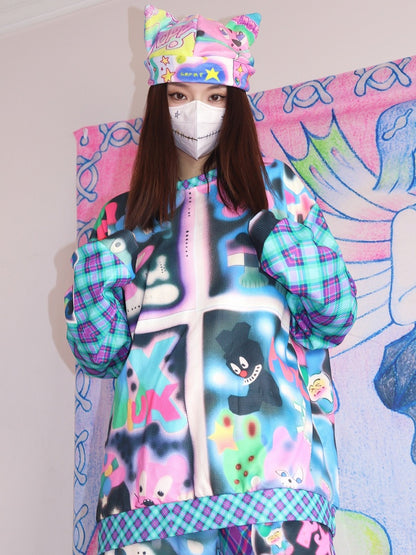 Cartoon Fashion Print Blue/Red Gyaru Plaid Pattern Sweatshirt