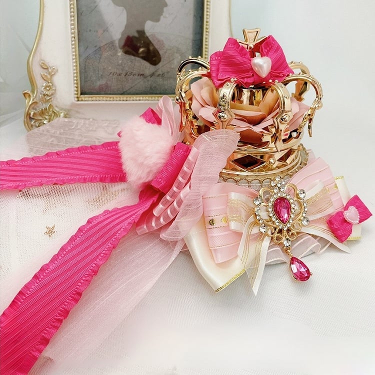 PinkWhite Details Rhinestone Charm Crown Jirai Mini Kei Hat Bowknot