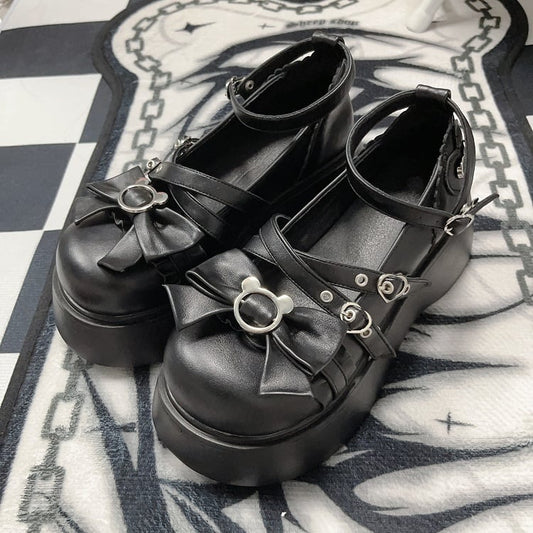 Y2K Matte Black Bear Bowknot Buckle Strap Punk Platform Shoes