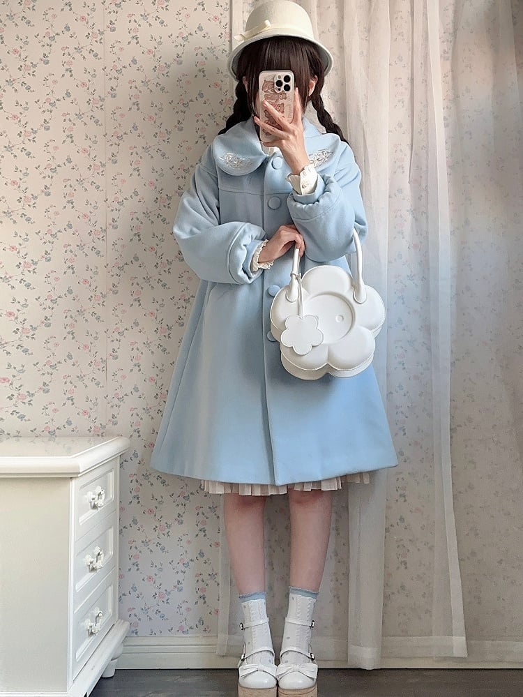 Blue Delicate Floral Round Flat Collar Woolen Coat