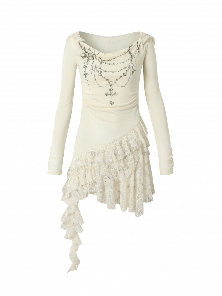 Print Hood Lace Cross Hem Tiered Punk with Asymmetric Apricot Dress