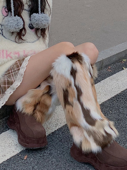White&Brown Y2K Shaggy Leg Warmers