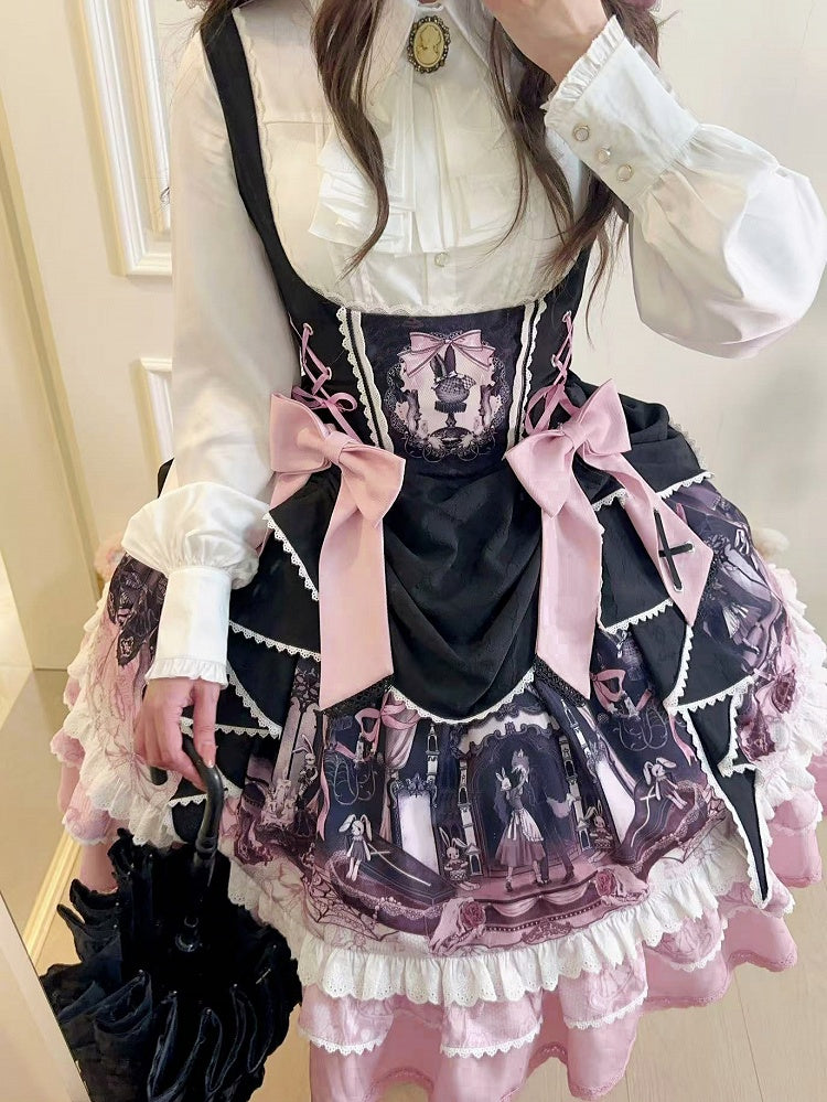 Robe Lolita noire et rose sous la poitrine avec motif lapin et cercueil
