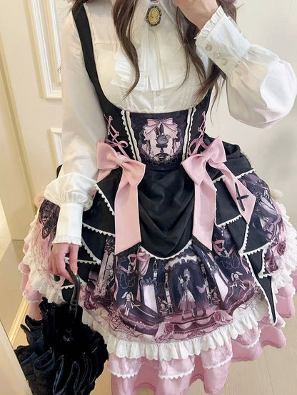 Robe Lolita noire et rose sous la poitrine avec motif lapin et cercueil
