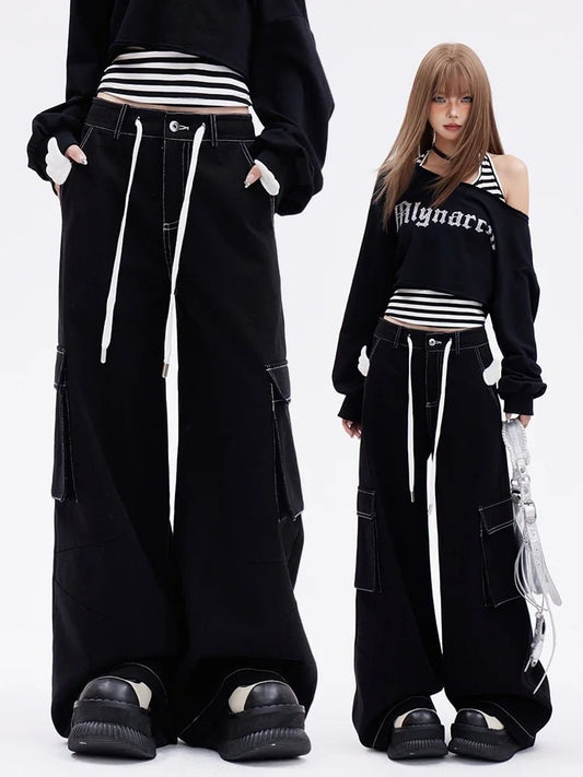 Self-tie Strap Design Wings Cargo Pocket Wide-Leg Jeans with Black Angel
