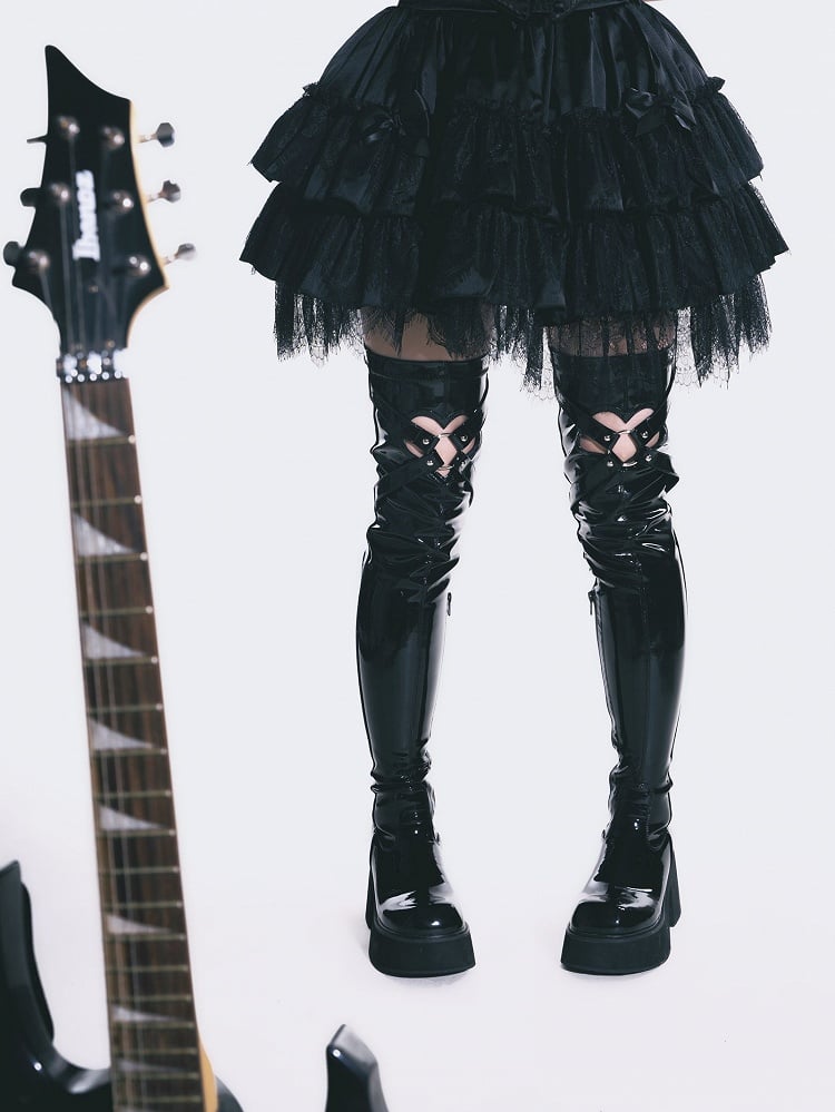 Polished Black Heart-shaped Cutout Detail Gothic Thigh-high Boots
