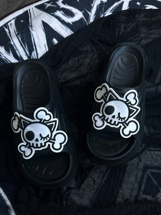 Gothic Summer Black Applique White Slippers Skeleton and