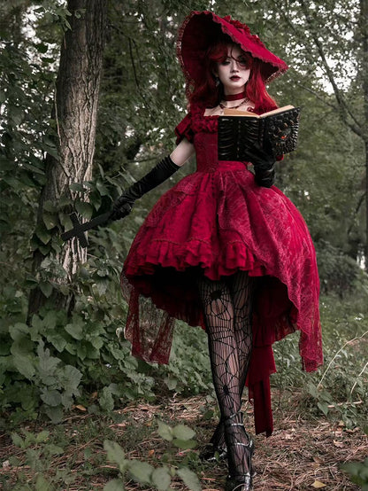 Robe jupe haute-basse brodée d'os de dragon rouge gothique Lolita OP avec superposition de broderie cathédrale