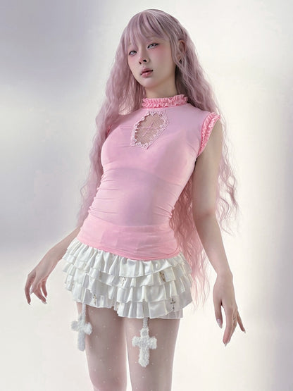 Goth Pink Mock Neck Coffin-Shaped Cutout  Pastel Light Sleeveless Top