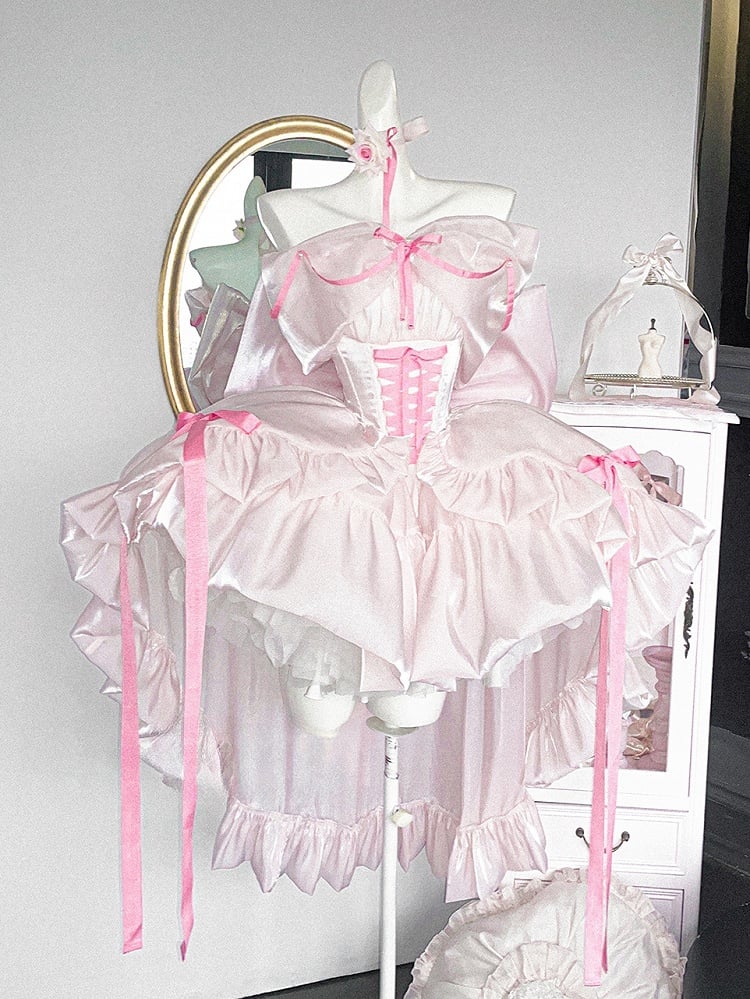 Pink Detachable Boned Basque Waist Puffy Dress with Large Bow Train