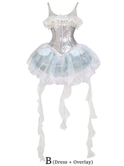 Pailletten Vogelkäfig + Quallen Kleid Overlay Korsett Stäbchen Saum Design Glänzend