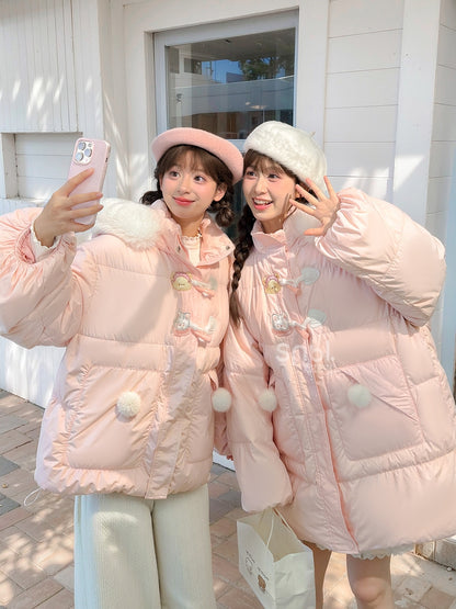 Pink Cute Bear and Kitty Plush Trim Hooded Down Coat