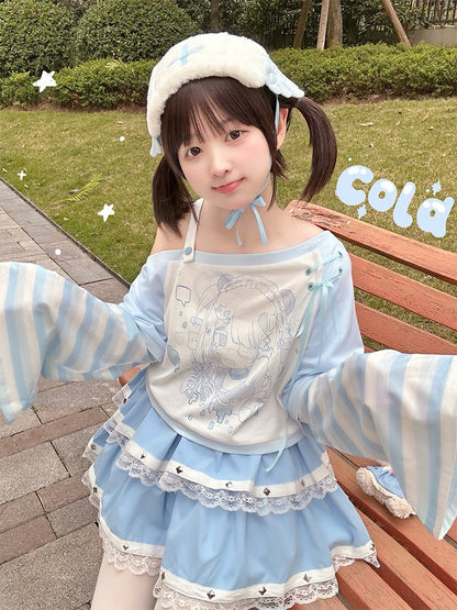 Blue and White Asymmetrical Neckline Striped Bell Sleeves Top