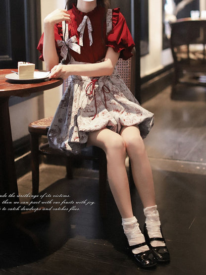 Wine Red Jacquard Overall Dress with Bubble Skirt Lace-up Waist
