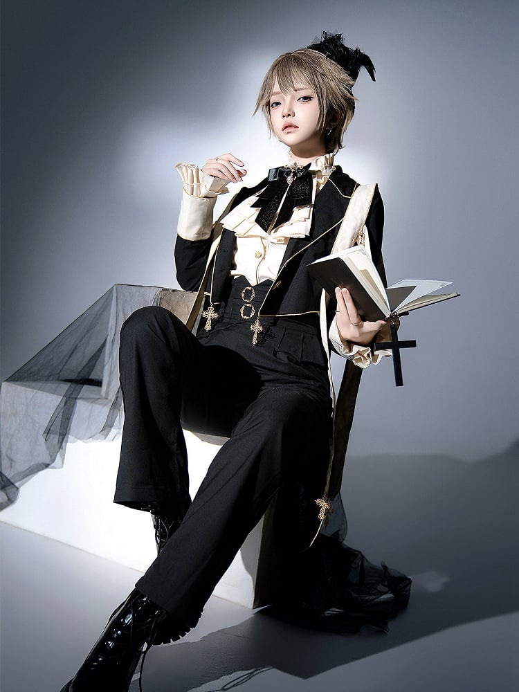 Prince Style Ouji Lolita Full Set Long Sleeves Shirt Blazer Collar Coat High Waist Pants