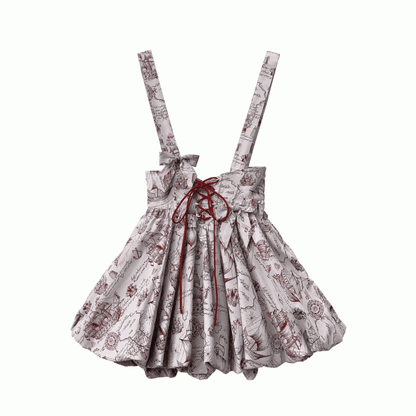 Wine Red Jacquard Overall Dress with Bubble Skirt Lace-up Waist