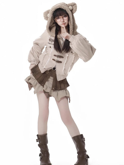 Beige Bear Ears Hood Lace Trim Coat