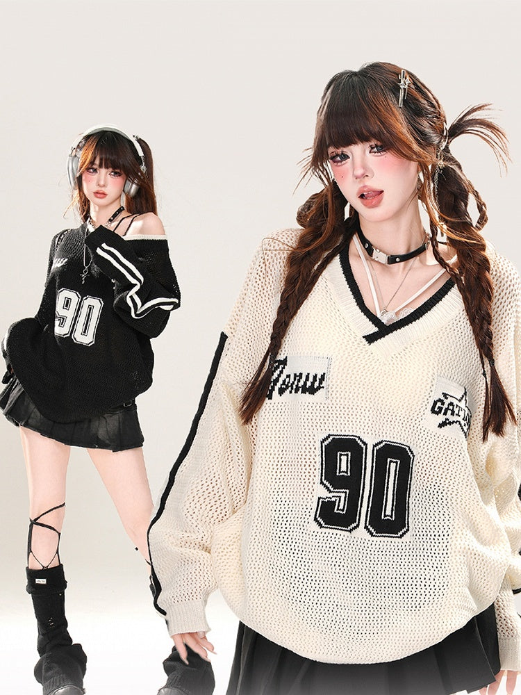 Black/White Asymmetrical Neckline Sun Protection Hollow-out Top