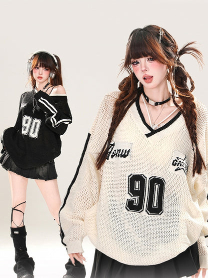 Black/White Asymmetrical Neckline Sun Protection Hollow-out Top