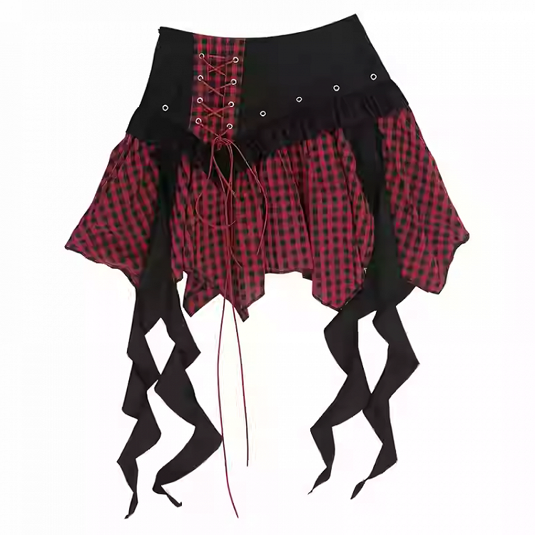 Y2K Red Gray Detail Plaid Lace-up with Black/Black Handkerchief Hem Skirt