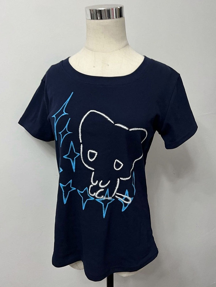 Round Star Blue Neck Cat T-shirt Dark Kei Jirai Print And