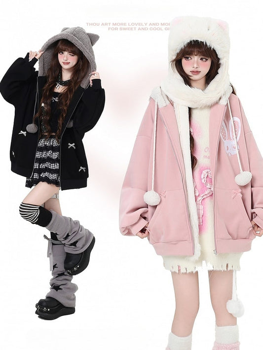 Black/Pink Bunny Cat Ears Design Zip Hoodie