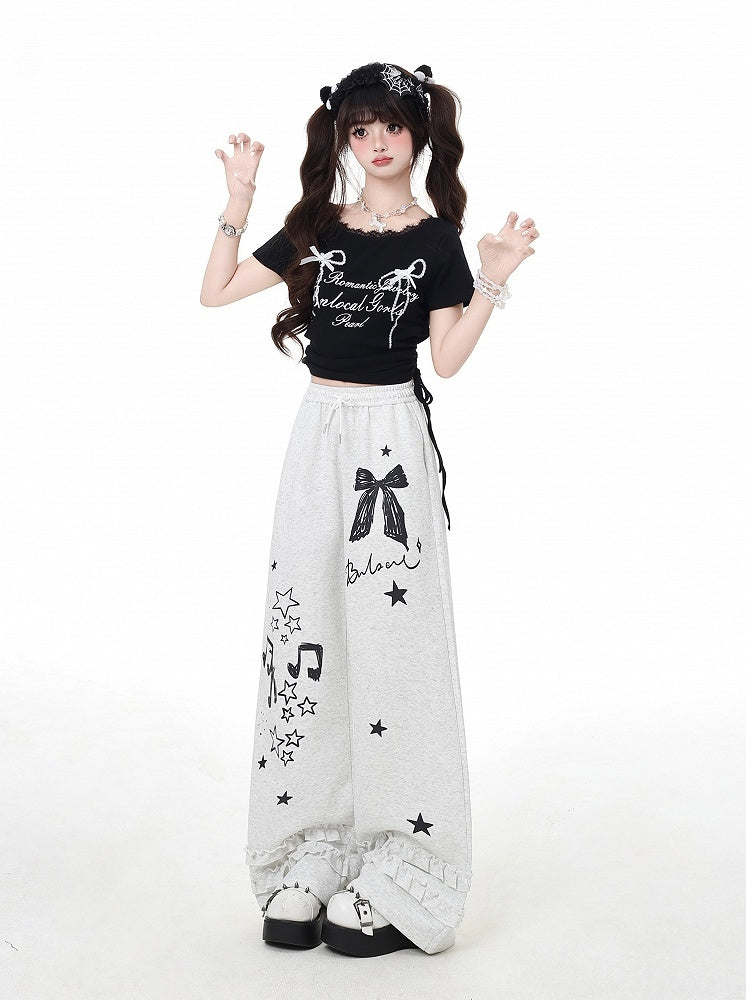 Wide-Leg Pants Black/Light Gray Bow and Star Print Vintage