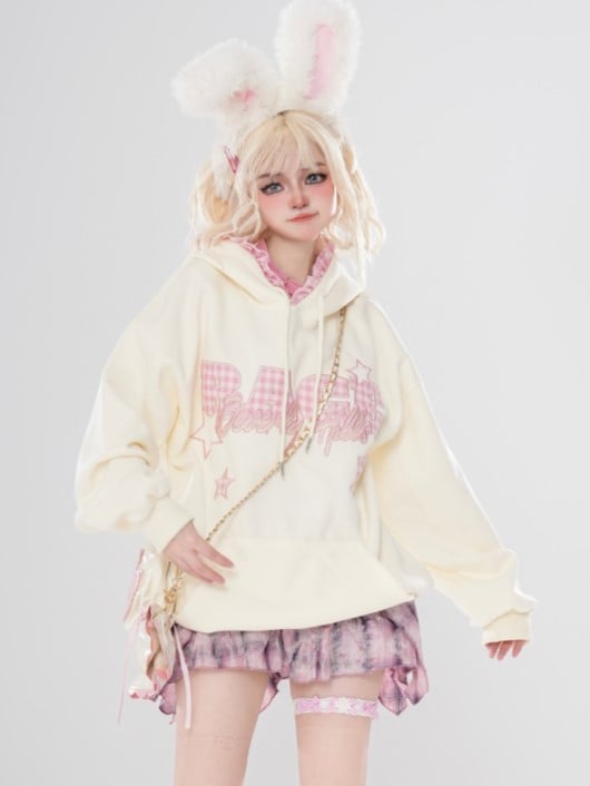 Und Plaid Mit Buchstabenstickerei Leichter Hoodie Gelb Stern Rosa