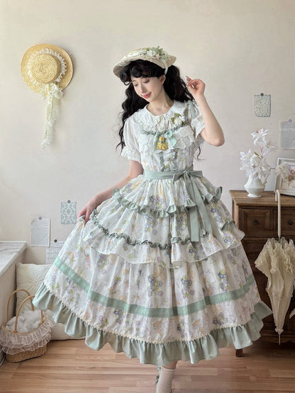Tiered Ruffle Light Dress Skirt Trimming and Blueberry Cream Green Ice Print Lolita