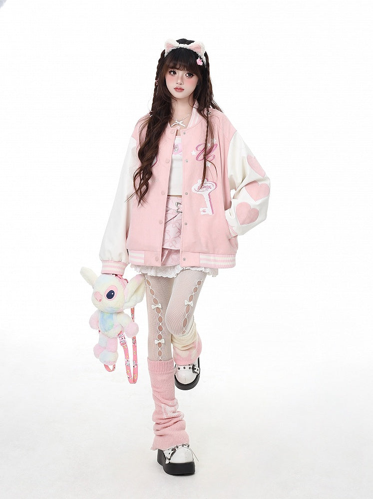 Veste de baseball Yume Kawaii rose/bleu avec appliques clés
