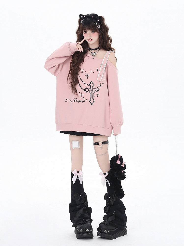 Black/Pink Asymmetrical Neckline Heart Buckle Cross Embroidered Sweatshirt