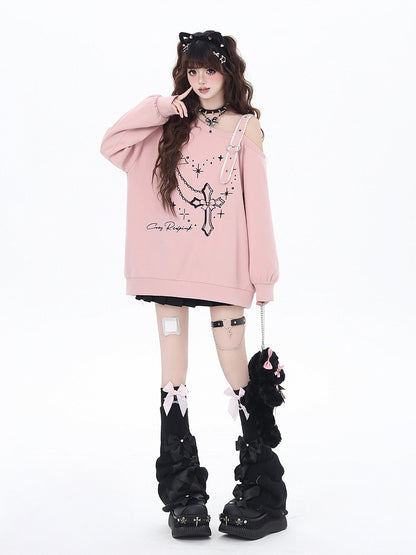 Black/Pink Asymmetrical Neckline Heart Buckle Cross Embroidered Sweatshirt