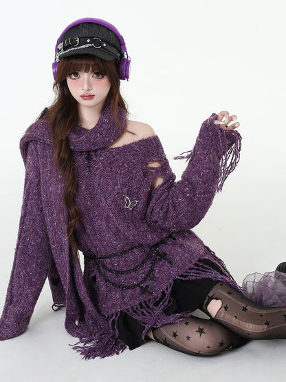 Distressed Holes Fringe Hem Purple Sweater with Free Sacrf