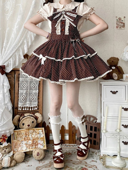 School Lolita Chocolate Polka-dot Pattern Dress Brown Overall Old