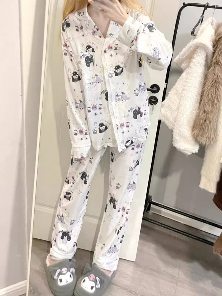 White Lace Trim Cartoon Pajama Set