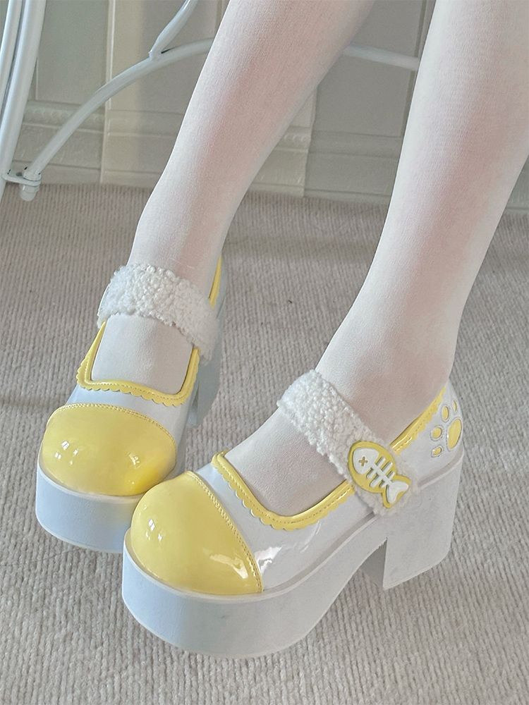 Yellow Jirai Kei Claw Fishbone Platform Shoes