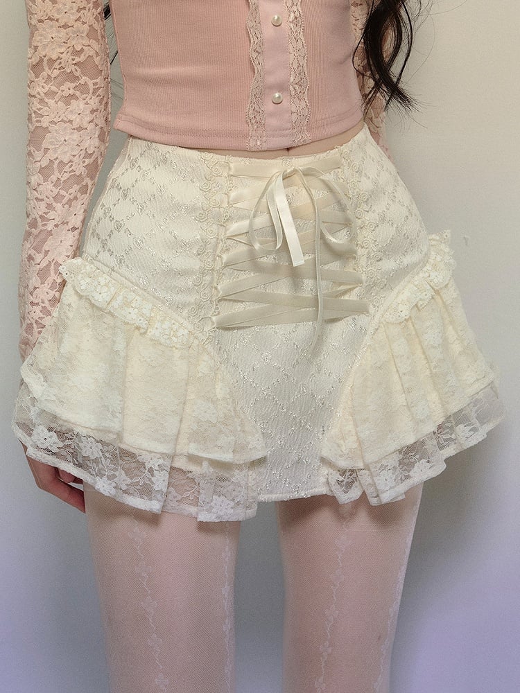 Apricot/Black Lace-up Detail Balletcore Lace Skirt