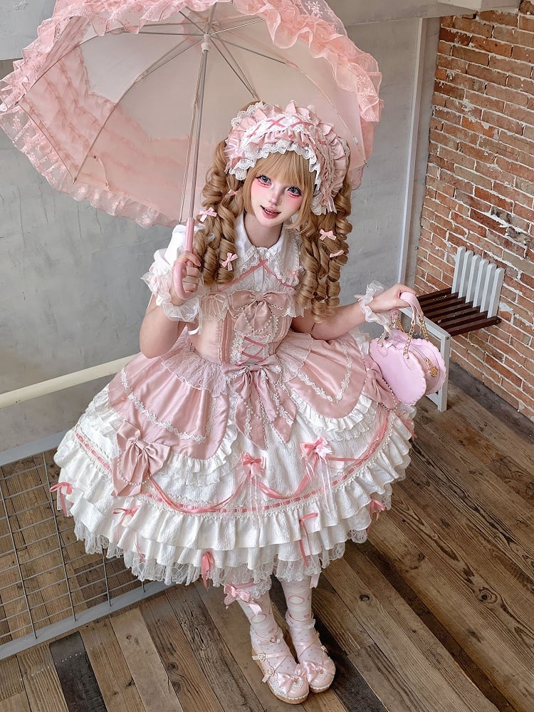 Bows Dress Chain White Sweet Lolita + Pink Bead Decorated and