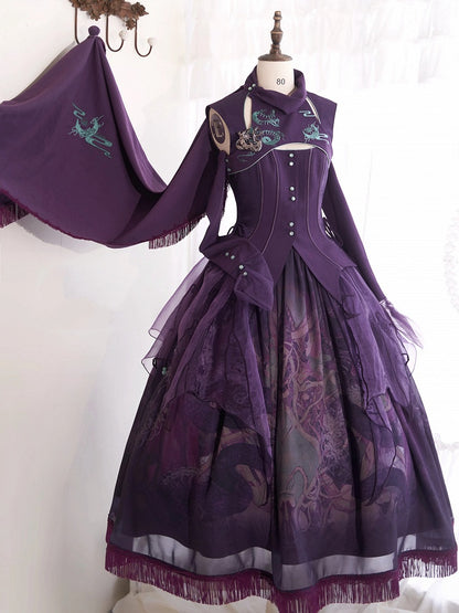 Red / Black / Purple Dragon and Moon Embroidery Shawl