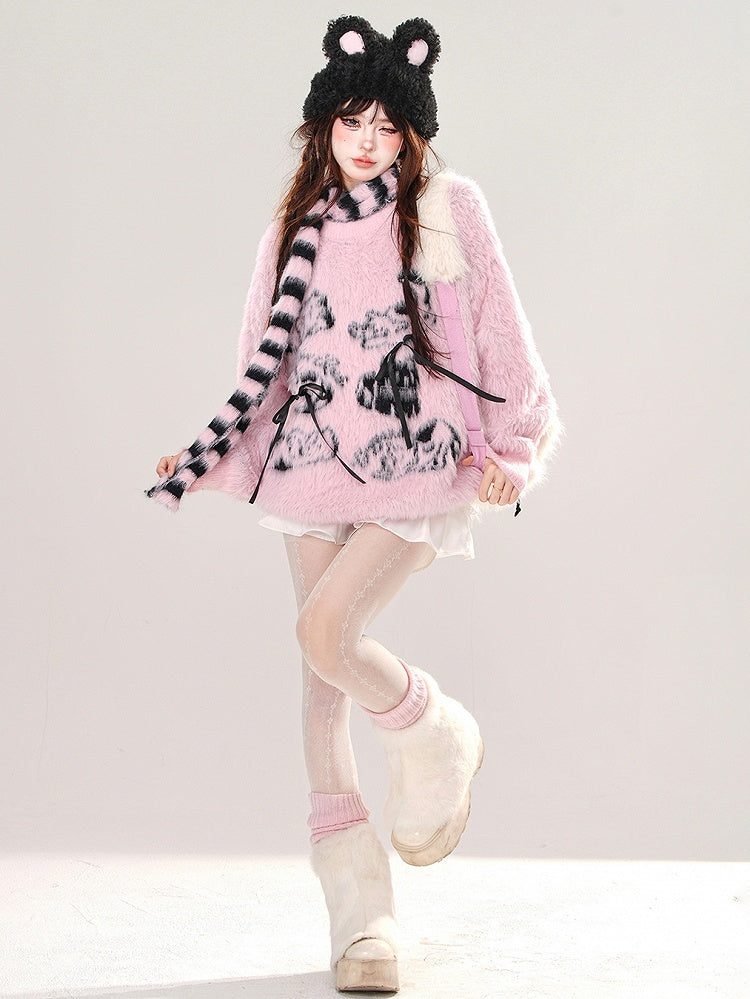 Apricot/Pink Cute Animal Patterns Bows Adorned Mohair Sweater with Free Striped Scarf