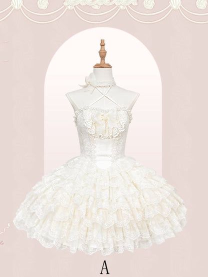 Creamy Scallop Lolita White Skirt Trim Embroidered Princess Dress Tiered