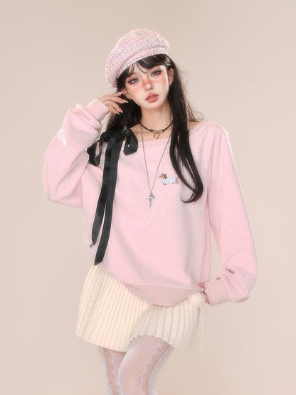 Pink Asymmetrical Neckline Sweatshirt