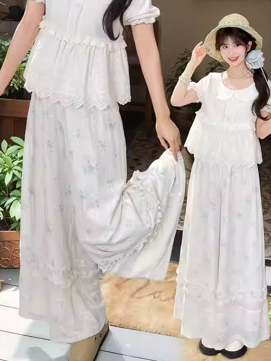 Blue Floral Pattern Version White Chiffon Waist Wide-Leg Pants Elastic Regular/Short