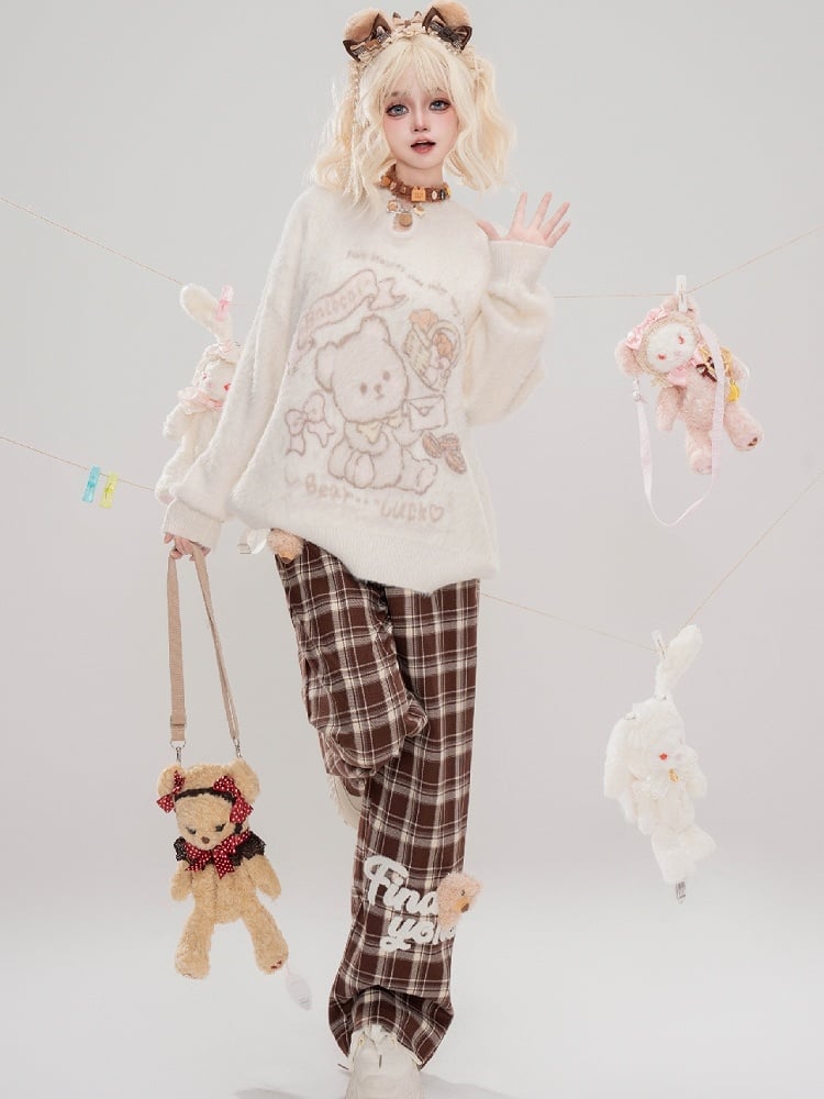 Cute Bear Adorned Camel Plaid Straight-leg Cut Pants