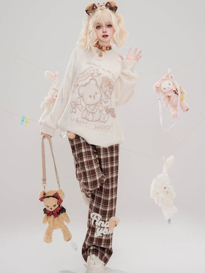 Cute Bear Adorned Camel Plaid Straight-leg Cut Pants