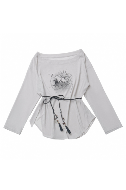 Mode top T-shirt pants wide + design lace-up waist
