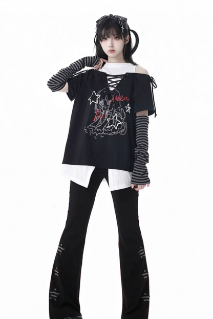 Lace-Up Flared Pants Illustrated Top Subculture + Girl