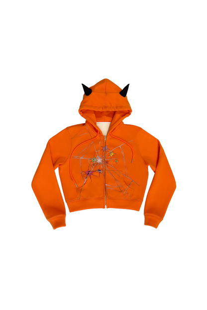 Devil Pointed Crackle Hooded Short Sweatshirt