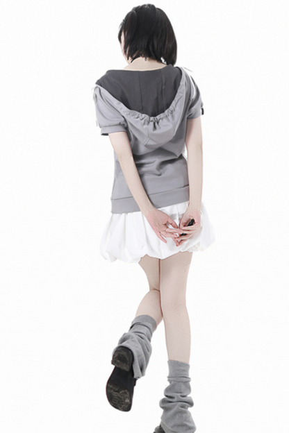 loose Lace-up skirt balloon top hooded t-shirt +